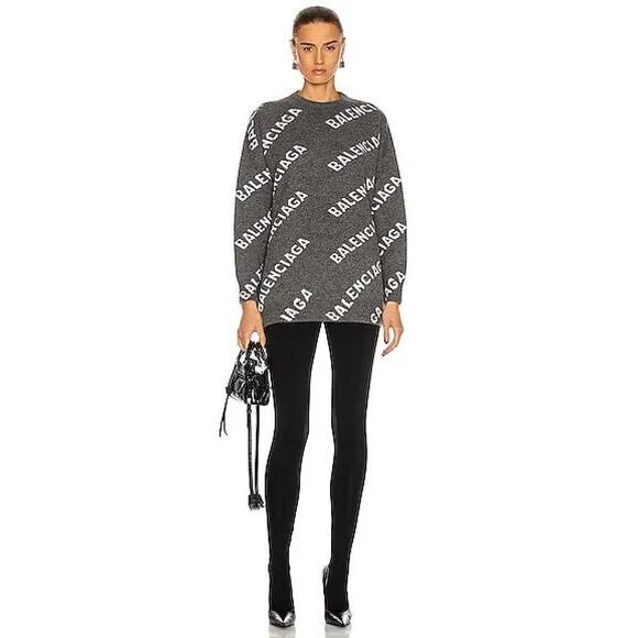 Balenciaga Dark Gray Long Sleeve White Logo'd Crew Neck Sweater L - Picture 1 of 15